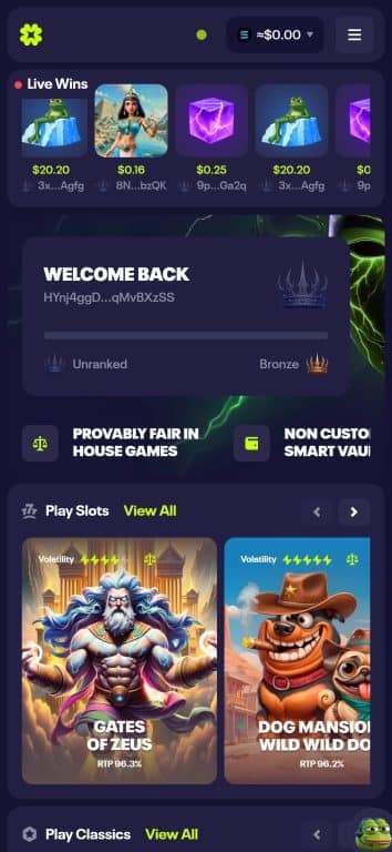 Luck.io casino mobile homepage showing live wins ticker, user welcome screen with ranking system from Unranked to Bronze, provably fair games banner, and featured slot games Gates of Zeus and Dog Mansion Wild Wild Dog