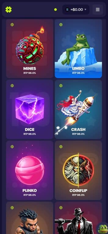 Luck.io classic casino games interface showing Mines, Limbo, Dice, Crash, Plinko, and Coinflip games, all featuring 98% RTP and provably fair indicators