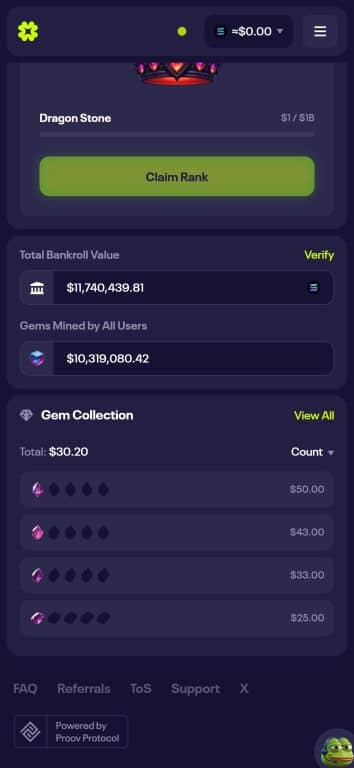 Luck.io mobile interface showing Dragon Stone rank system, $11.7 million total bankroll value with verify option, $10.3 million in Gems mined by all users, and player's Gem collection with values ranging from $25 to $50 per complete set