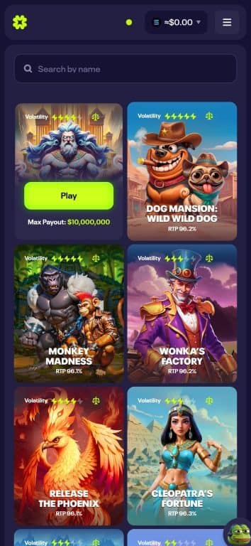 Luck.io slots section displaying Gates of Zeus with $10 million max payout, Dog Mansion Wild Wild Dog, Monkey Madness, Wonka's Factory, Release the Phoenix, and Cleopatra's Fortune with volatility ratings and RTP percentages