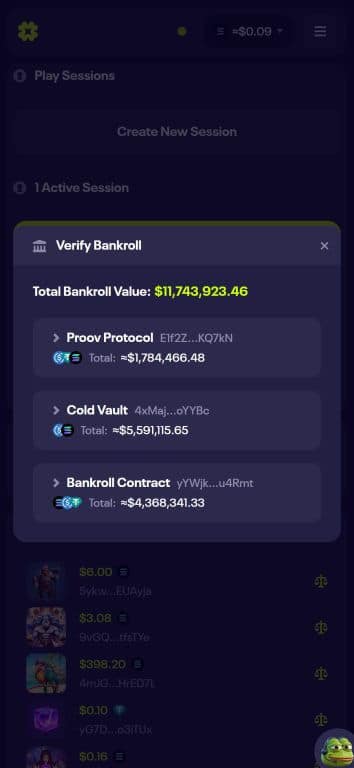 Luck.io Verify Bankroll interface showing total bankroll value of $11,743,923.46 distributed across Proov Protocol ($1,784,466.48), Cold Vault ($5,591,115.65), and Bankroll Contract ($4,368,341.33) with blockchain addresses visible