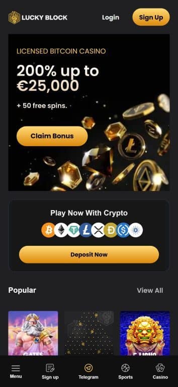 Lucky Block Casino mobile homepage showing 200% welcome bonus up to €25,000 plus 50 free spins, with cryptocurrency payment options including Bitcoin, Ethereum, Tether, Litecoin, Ripple, Dogecoin, USDC and ADA displayed at bottom