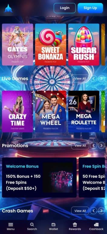 Lucky Whale Casino mobile homepage showing featured Pragmatic Play slots Gates of Olympus, Sweet Bonanza, and Sugar Rush, live dealer games including Crazy Time and Mega Wheel, plus welcome bonus promotions of 150% up to 150 free spins