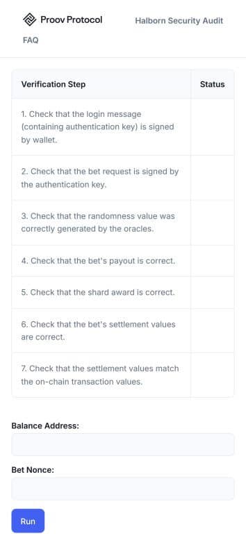 Proov Protocol verification interface showing 7-step verification process including wallet signature checks, bet request authentication, oracle randomness verification, payout correctness, and on-chain transaction matching