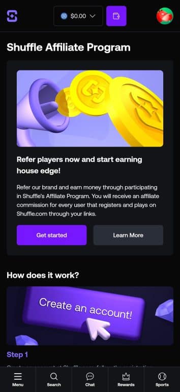 Screenshot of Shuffle Casino affiliate program homepage showing purple and gold chain link graphic, program description, and Get Started/Learn More buttons on mobile device