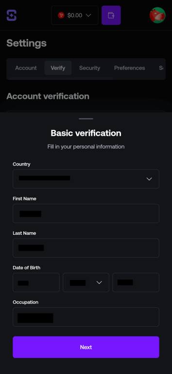 Shuffle Casino basic verification form showing fields for country, first name, last name, date of birth, and occupation with a purple Next button