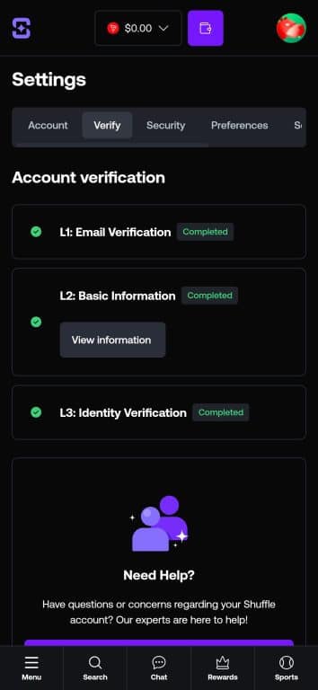 Shuffle Casino account verification page showing all three levels completed with green checkmarks - Email Verification, Basic Information, and Identity Verification