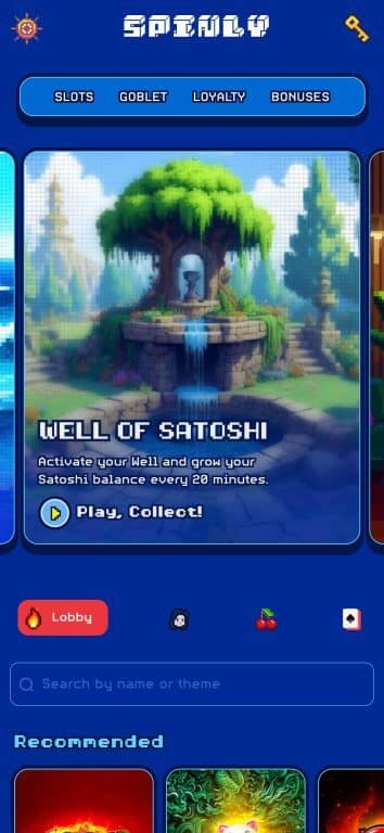 Spinly Casino Well of Satoshi feature showing a pixelated fountain under a tree where players can collect free Satoshis every 20 minutes