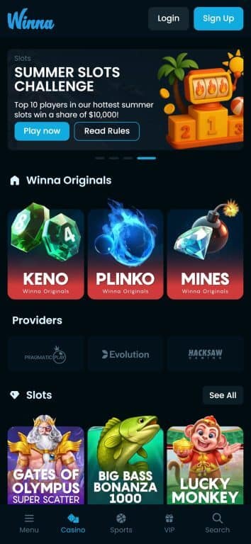 Winna Casino homepage showing Summer Slots Challenge promotion with $10,000 prize pool, original games including Keno, Plinko and Mines, and featured slot games