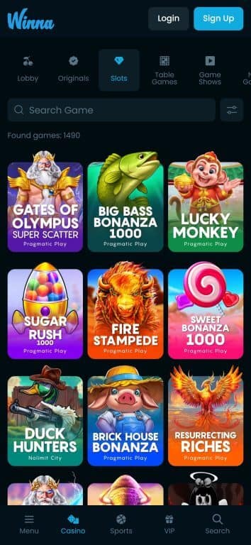 Winna Casino slots page showing 1,490 available games including popular Pragmatic Play titles like Gates of Olympus, Big Bass Bonanza, Sweet Bonanza, and Sugar Rush