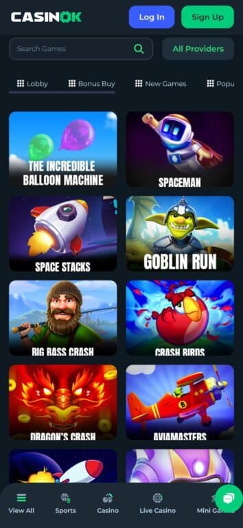 CasinoK casino games section showing crash games and slots including The Incredible Balloon Machine, Spaceman, Big Bass Crash, Dragon's Crash, Aviamasters, and Goblin Run
