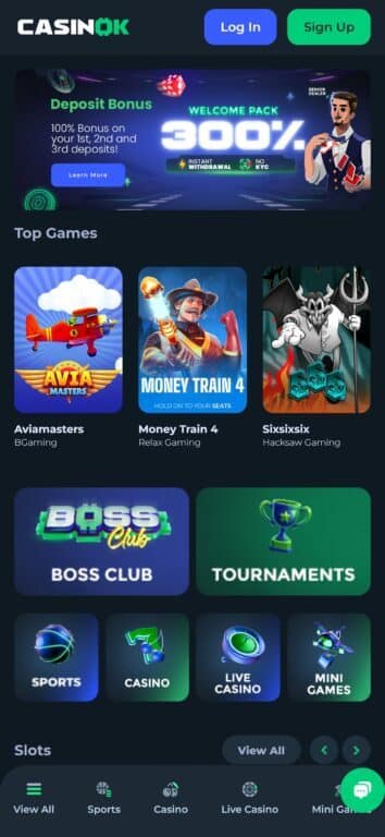 CasinoK casino homepage showing 300% welcome bonus pack, instant withdrawal feature, no KYC badge, and top games including Aviamasters, Money Train 4, and Sixsixsix