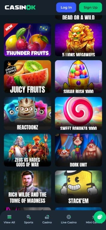 CasinoK casino slots page showing popular games including Thunder Fruits, 5 Lions Megaways, Sugar Rush 1000, Zeus vs Hades, and other slot titles with colorful game thumbnails