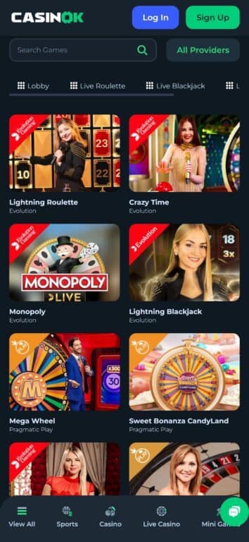 CasinoK live casino section showing Evolution Gaming titles including Lightning Roulette, Crazy Time, Monopoly Live, Lightning Blackjack, and Pragmatic Play games like Mega Wheel