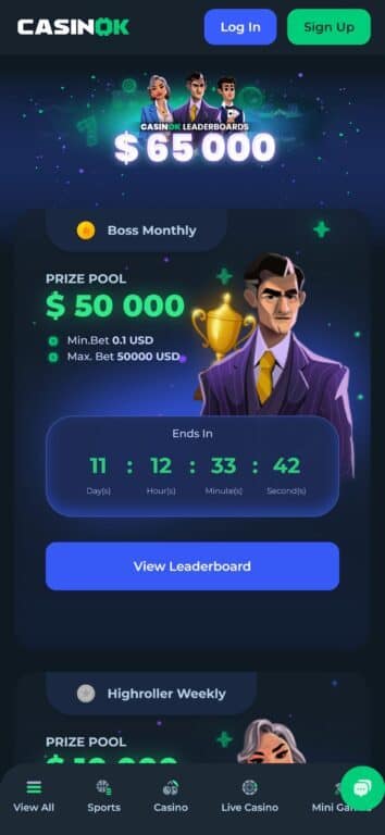 CasinoK tournaments page showing $65,000 total prize pool with Boss Monthly tournament ($50,000 prize, 0.1-50000 USD bets) and Highroller Weekly tournament with countdown timer