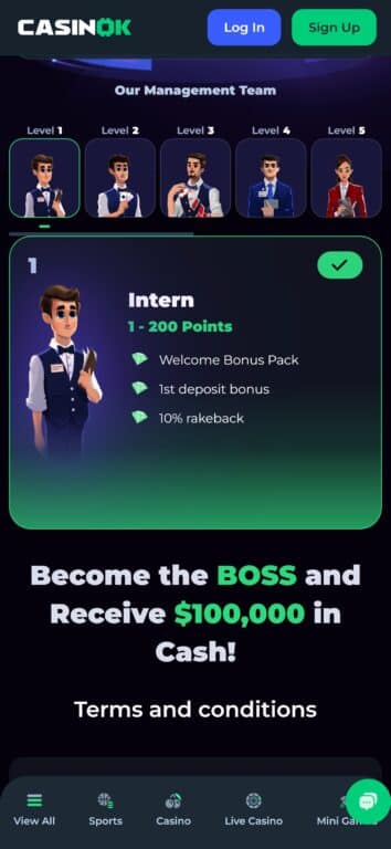 CasinoK Boss Club VIP program showing 5 management team levels, Intern level (1-200 points) with welcome bonus and 10% rakeback, and $100,000 ultimate cash reward