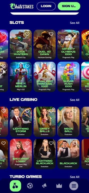 ChiliStakes casino game lobby showing slots section with games from Nolimit City, Hacksaw Gaming, Pragmatic Play, live casino section with Evolution games, and turbo games section