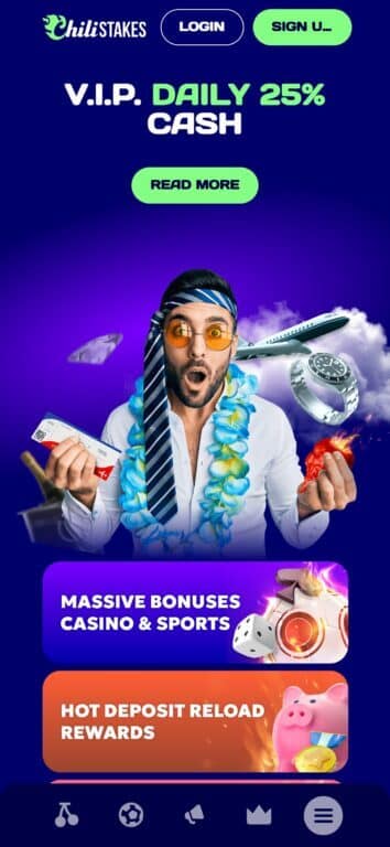 ChiliStakes casino homepage featuring VIP daily 25% cashback, massive casino & sports bonuses, and hot deposit reload rewards with luxury lifestyle imagery