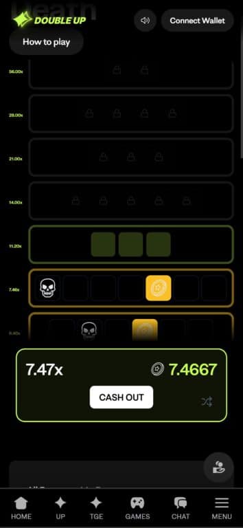DoubleUp Death game showing tower climbing interface with multiple levels, bomb icons, and a 7.47x multiplier with cash out option at 7.4667 coins