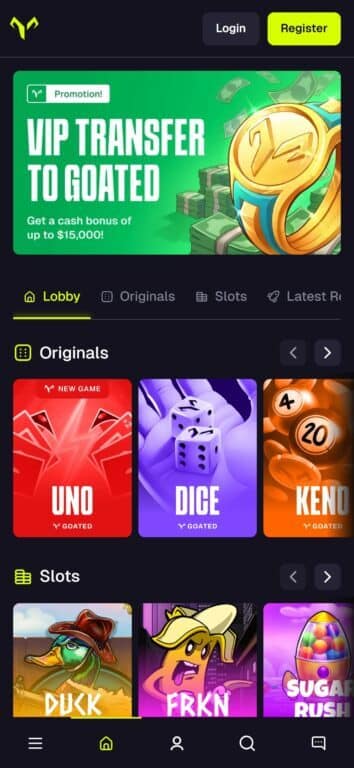 Goated Casino homepage showing VIP Transfer promotion offering up to $15,000 cash bonus, with UNO PvP game featured as new release in the Originals section alongside Dice and Keno games