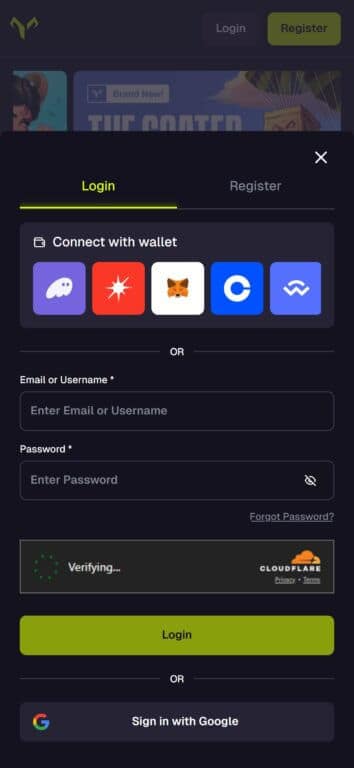 Goated Casino login screen showing five wallet connection options: Phantom, Solflare, MetaMask, Coinbase Wallet, and WalletConnect, with alternative email/password login and Google sign-in options below