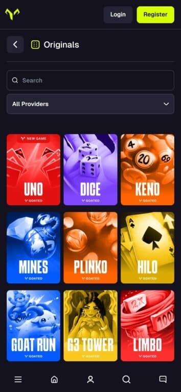 Goated Casino Originals section displaying 9 proprietary games including UNO (marked as new game), Dice, Keno, Mines, Plinko, HiLo, Goat Run, G3 Tower, and Limbo, all featuring the Goated branding