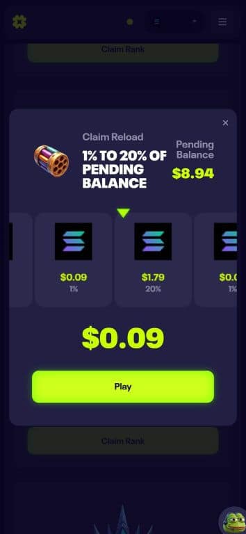 Luck.io daily reload bonus interface showing a roulette-style selector with 1% to 20% of pending balance, displaying $8.94 pending balance with potential payouts of $0.09 (1%), $1.79 (20%), and a result of $0.09 won