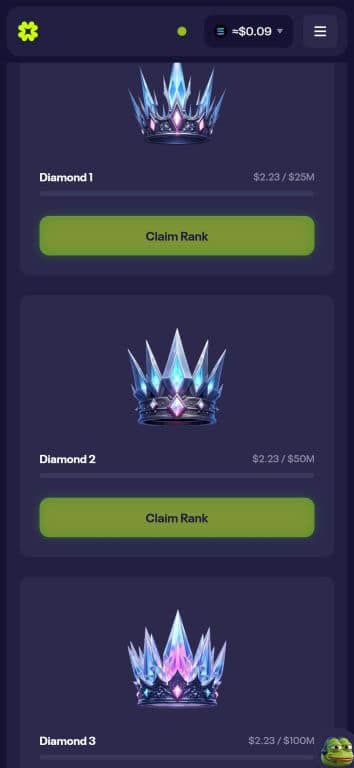 Luck.io VIP ranking system showing Diamond 1, Diamond 2, and Diamond 3 tiers with ornate crown designs, requiring $25M, $50M, and $100M in Gem redemptions respectively, with green "Claim Rank" buttons