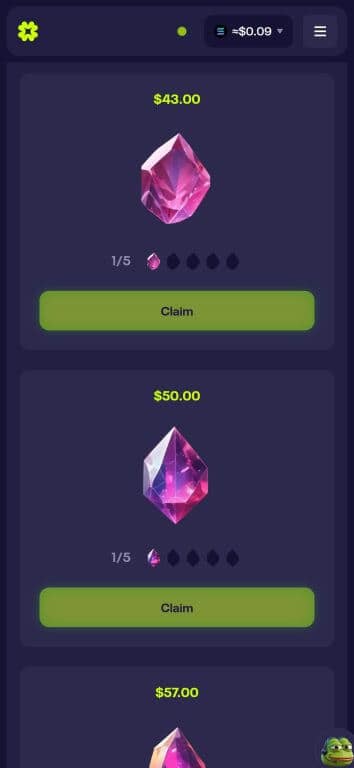 Luck.io Gems collection interface showing three pink gem sets with values of $43.00, $50.00, and $57.00, each requiring 5 gems to complete with 1/5 progress shown