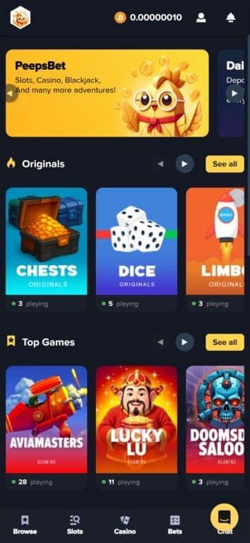 PeepsBet casino homepage showing originals games section with Chests, Dice, and Limbo games, and top games section featuring Aviamasters, Lucky Lu, and Doomsday Saloon slots with live player counts