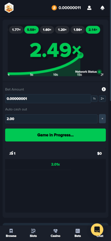 PeepsBet Crash game interface showing a 2.49x multiplier with game in progress, auto cash out set to 2.00x, and one player at 2.01x