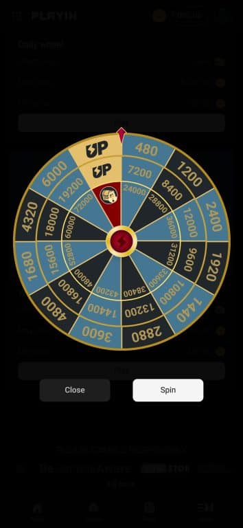 Playin.com Lucky Wheel interface showing a golden wheel with various coin prizes ranging from 480 to 72,000 coins, mystery chest prizes marked with "UP" symbols, and spin/close buttons at the bottom