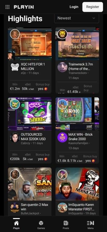 Playin.com mobile interface showing Highlights section with video thumbnails of big wins including XQC's €1.2 million win and Trainwreck's €3.7 million win, with Login and Register buttons at top and navigation menu at bottom