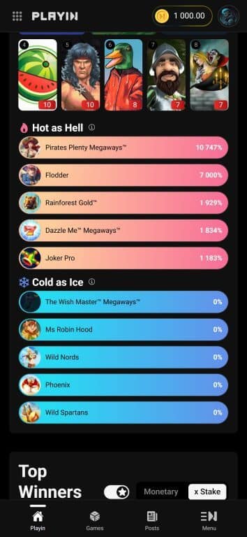 Playin.com mobile interface showing Hot as Hell games with Pirates Plenty Megaways at 10.747%, Flodder at 7.000%, and Cold as Ice games all showing 0% performance, with game tiles above showing popularity scores