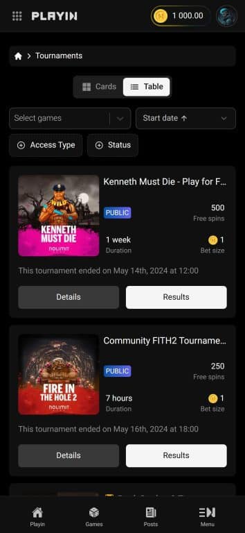 Playin.com mobile Tournaments interface showing past tournaments including Kenneth Must Die with 500 free spins over 1 week duration and Community FITH2 Tournament with 250 free spins over 7 hours, both with 1 coin bet size and public access