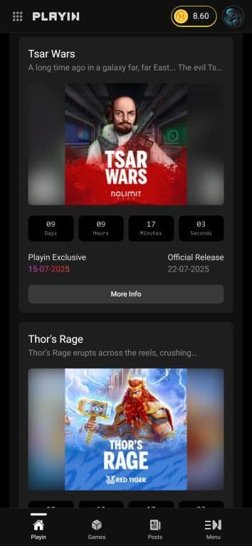 Playin.com mobile upcoming games showing Tsar Wars by Nolimit City with countdown timer at 9 days 9 hours as a Playin Exclusive launching July 15, 2025, and Thor's Rage by Red Tiger below