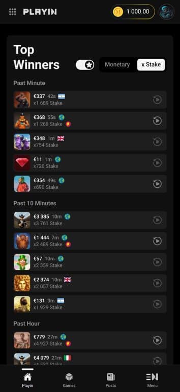 Playin.com mobile Top Winners leaderboard showing recent wins with monetary amounts and stake multipliers, displaying Past Minute wins like €337 (x1,689 stake), Past 10 Minutes wins up to €3,385 (x3,761 stake), with country flags and verified badges