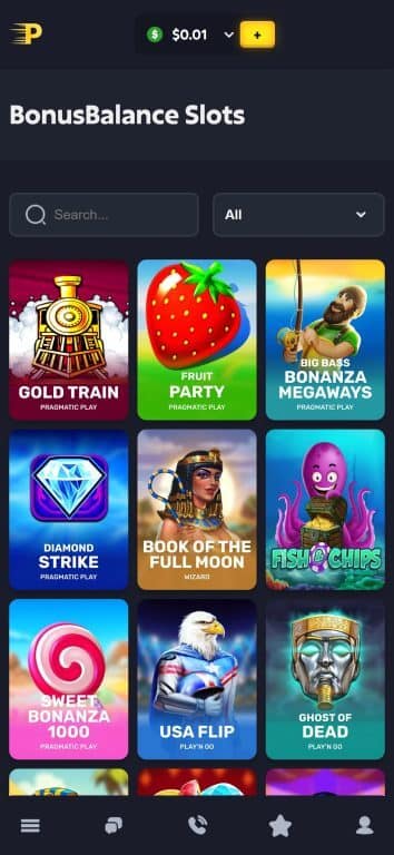 PlayZ Casino bonus balance slots interface showing eligible games including Gold Train, Fruit Party, Big Bass Bonanza Megaways, Diamond Strike, Book of the Fallen, Fish N Chips, Sweet Bonanza 1000, USA Flip, and Ghost of Dead from providers Pragmatic Play, Wizard, and Play'n GO