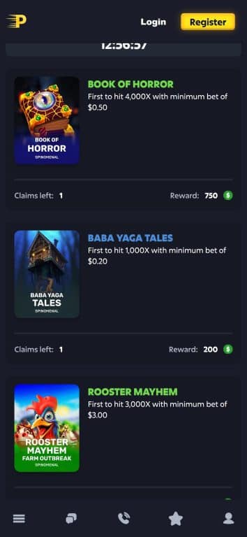 PlayZ Casino daily challenges showing three Spinomenal slots: Book of Horror requiring 4,000x multiplier for 750 reward, Baba Yaga Tales needing 1,000x for 200 reward, and Rooster Mayhem targeting 3,000x for 2,500 reward with countdown timer showing 12:38:37