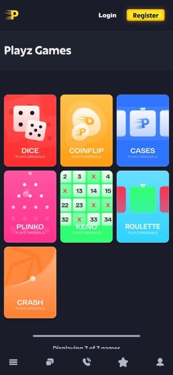 PlayZ Casino games lobby showing 7 original provably fair games including Dice, Coinflip, Cases, Plinko, Keno, Roulette, and Crash with login and register buttons