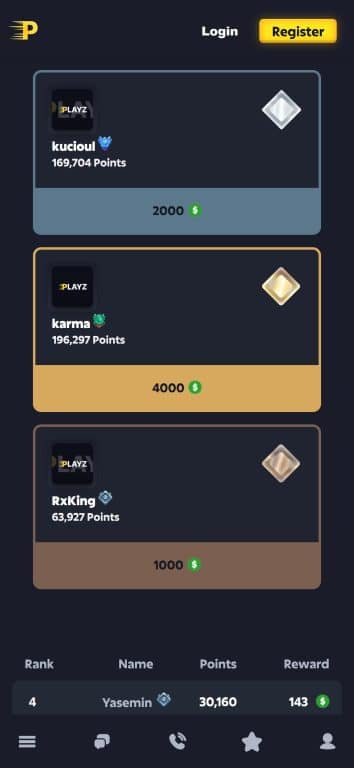 PlayZ Casino weekly race leaderboard showing top 3 players with kucioul at 169,704 points winning $2,000, karma at 196,297 points winning $4,000, and RxKing at 63,927 points winning $1,000