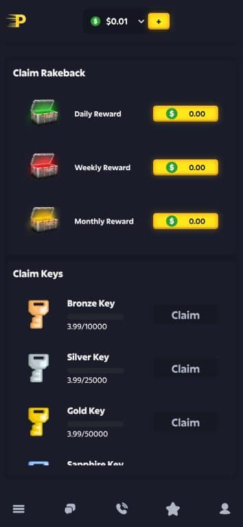 PlayZ Casino rakeback interface showing daily, weekly, and monthly reward claims at $0.00 each, plus Bronze Key progress at 3.99/10000, Silver Key at 3.99/25000, and Gold Key at 3.99/50000 with claim buttons