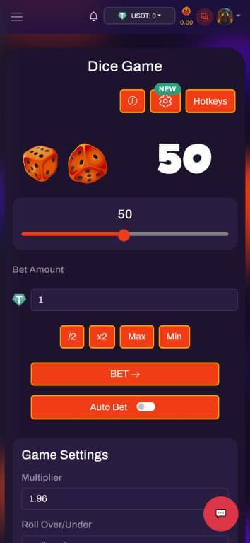 SunFire Casino dice game interface showing bet amount field, roll over/under slider set to 50, multiplier display, and betting controls including hotkeys option