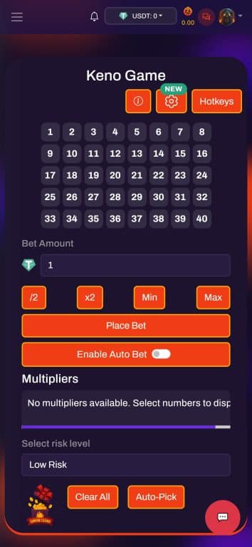 SunFire Casino keno game interface displaying 40-number grid, bet amount controls, risk level selector set to Low Risk, and auto-pick feature with hotkeys option