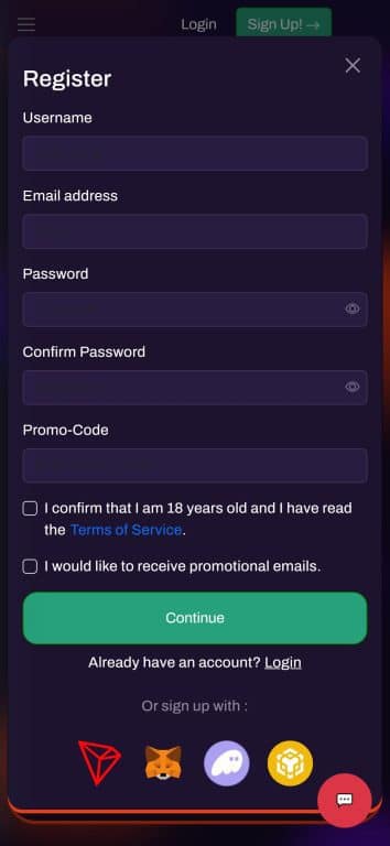 SunFire Casino registration form showing fields for username, email, password, promo code, age confirmation checkbox, and alternative sign-up options including TronLink, MetaMask, and other wallet providers