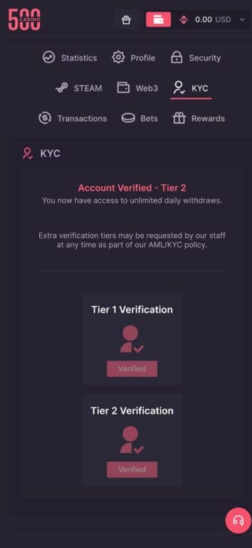 500 Casino KYC verification interface showing Account Verified - Tier 2 status with unlimited daily withdrawals, displaying completed Tier 1 and Tier 2 verification badges