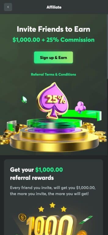 BC.GAME affiliate program promotional page showing misleading claims of "$1,000.00 + 25% Commission" with flashy graphics including a purple spade symbol showing "25%" on a golden pedestal surrounded by coins and casino chips