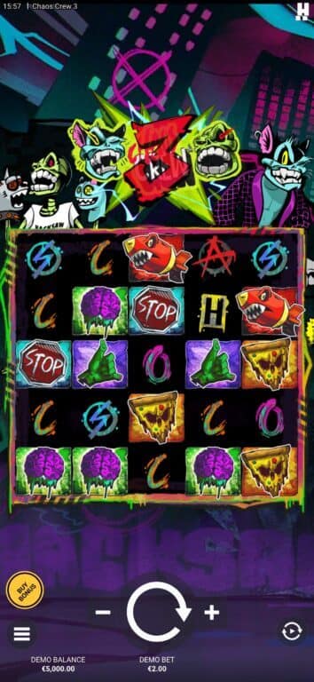 haos Crew 3 base game showing 5x5 grid with punk-themed symbols including pizza, brain, stop sign, anarchy symbol, and CHAOS letters