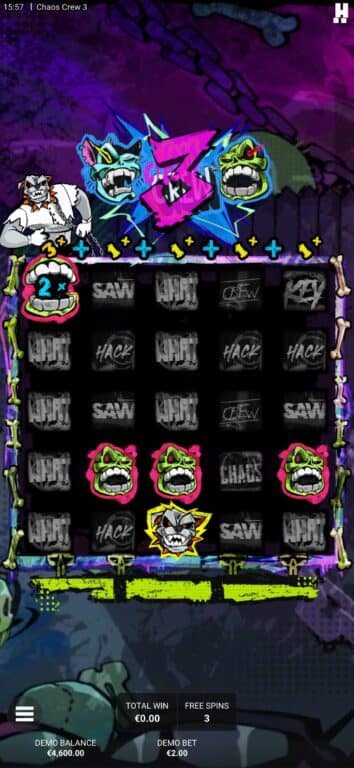 Chaos Crew 3 bonus round in progress showing 5x5 grid with Cranky Cat, Sketchy Skull characters, dead symbols, and 3 free spins remaining