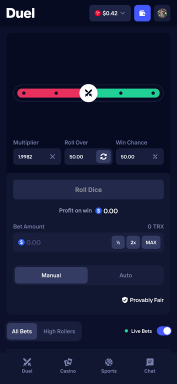 Duel casino dice game interface showing 1.9982x multiplier, 50.00 roll over, 50.00% win chance with Provably Fair verification and manual/auto betting options